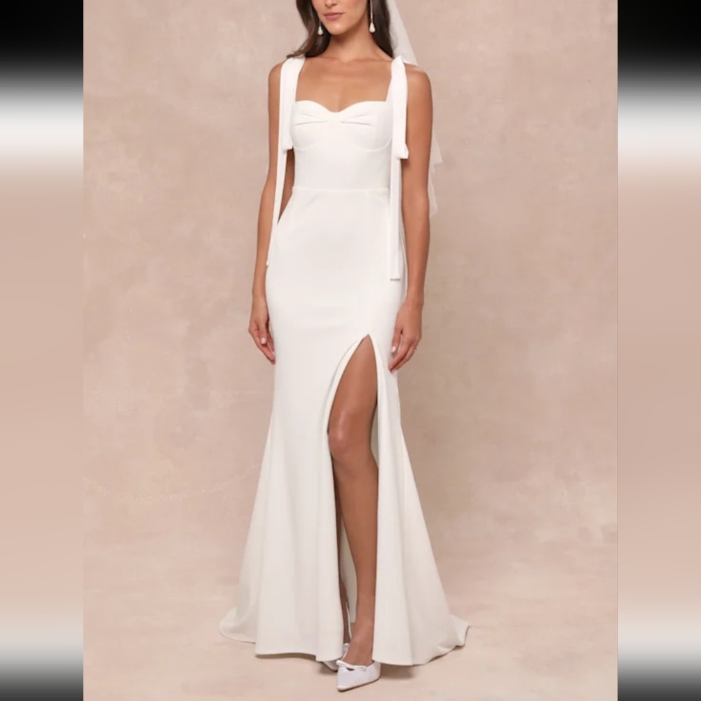 Lulu's Ivory Bow-Shoulder Sheath Gown with Thigh Slit